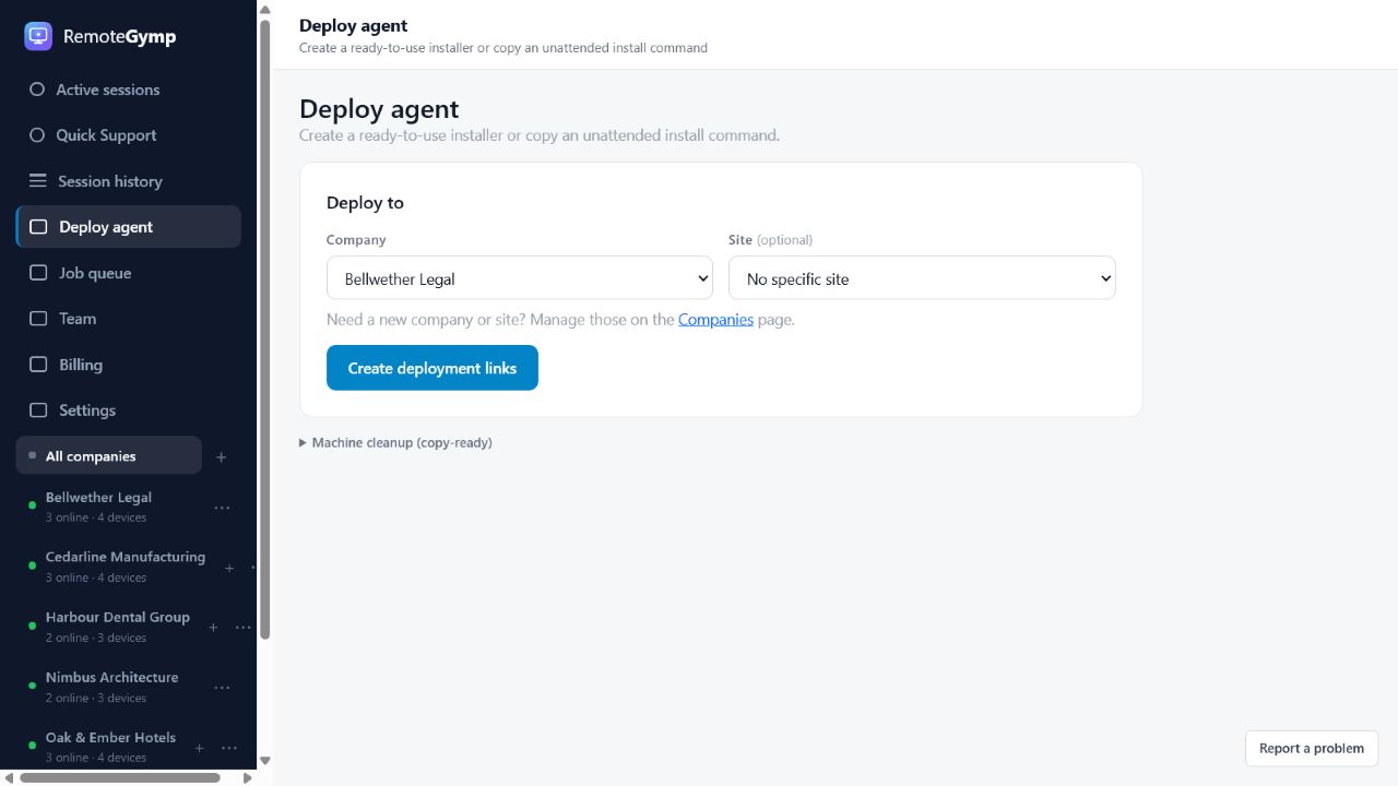 Get the agent onto managed machines — RemoteGymp device dashboard preview